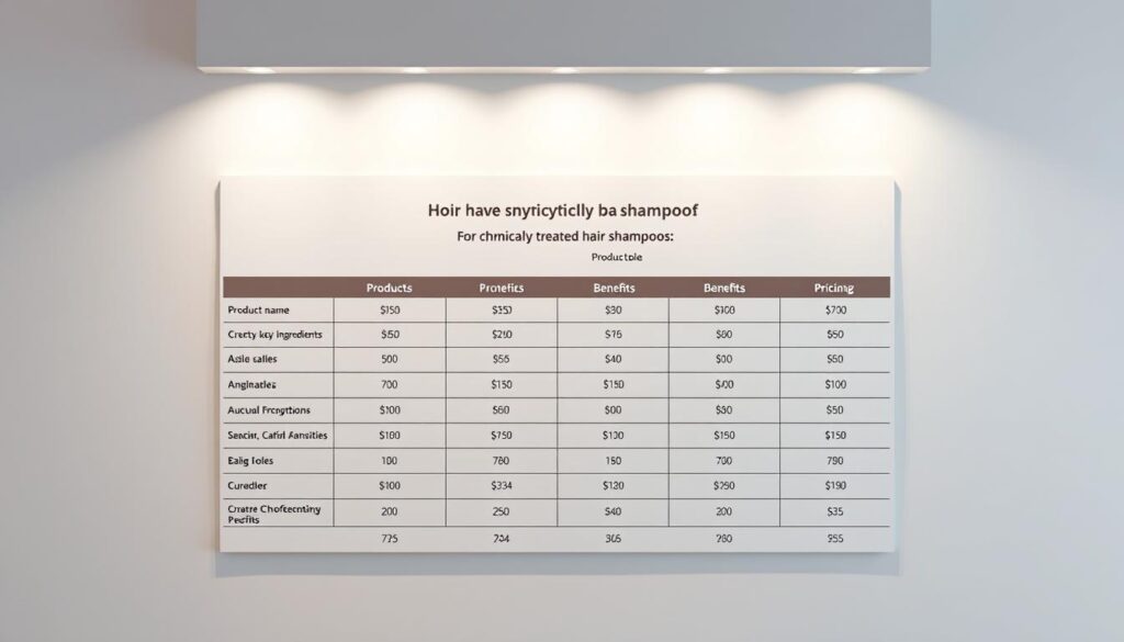 A comparison table for chemically treated hair shampoos, presented in a clean, professional layout. The table occupies the central focus, with a neutral background that allows the information to stand out. The table features columns for product name, key ingredients, benefits, and pricing, all rendered in a clear, readable font. Subtle lighting from the top casts a soft glow, creating depth and dimensionality. The overall mood is one of informative utility, with a touch of elegance to elevate the aesthetic. The table is the primary subject, surrounded by ample negative space to draw the viewer's attention.
