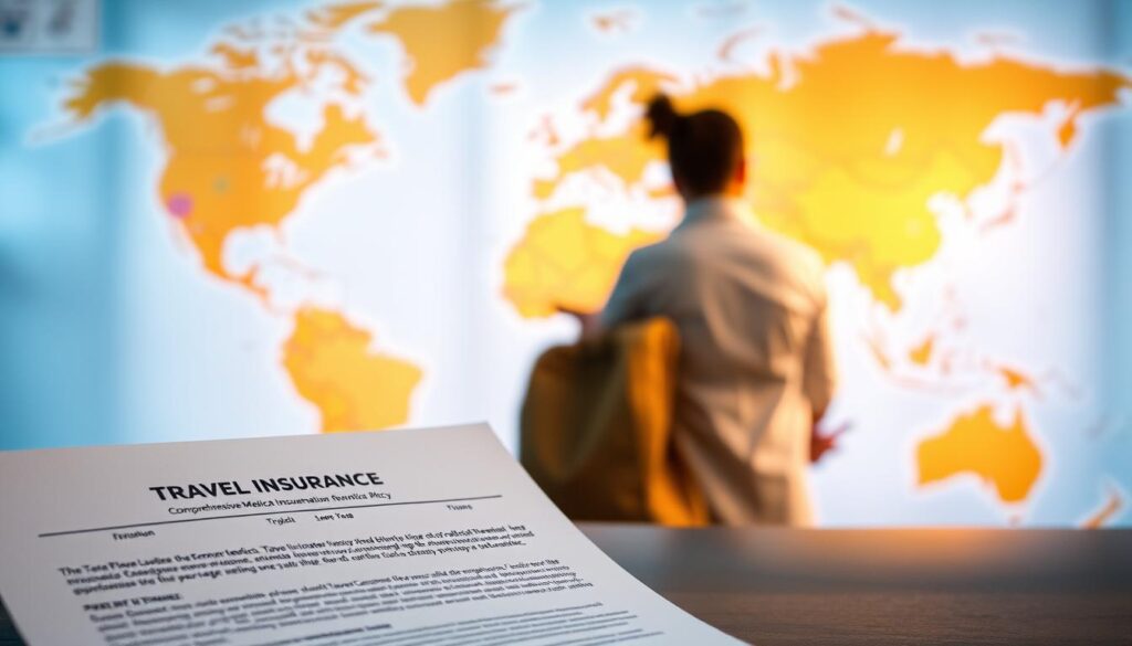 A comprehensive medical travel insurance policy is displayed in the foreground, with a soft, warm light illuminating the details. In the middle ground, a traveler is shown receiving medical attention, underscoring the importance of this coverage. The background depicts a world map, symbolizing the global reach and protection offered by the insurance plan. The overall mood is one of security, reassurance, and the confidence that comes with being prepared for any medical emergencies that may arise during travel.