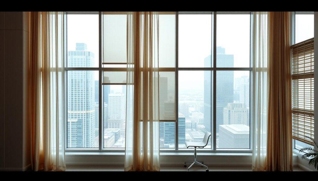 A contemporary office interior with large windows overlooking a vibrant cityscape. In the foreground, an array of elegant window treatments are displayed, showcasing a variety of curtains, blinds, and shades in a harmonious color palette. The middle ground features a minimalist, well-appointed workspace with a clean, modern aesthetic. Soft, diffused lighting creates a warm, inviting atmosphere, while the background cityscape provides a dynamic, urban backdrop. The overall scene conveys a sense of professionalism, attention to detail, and comprehensive solutions for sophisticated window treatment needs. A contemporary office interior with large windows overlooking a vibrant cityscape. In the foreground, an array of elegant window treatments are displayed, showcasing a variety of curtains, blinds, and shades in a harmonious color palette. The middle ground features a minimalist, well-appointed workspace with a clean, modern aesthetic. Soft, diffused lighting creates a warm, inviting atmosphere, while the background cityscape provides a dynamic, urban backdrop. The overall scene conveys a sense of professionalism, attention to detail, and comprehensive solutions for sophisticated window treatment needs.