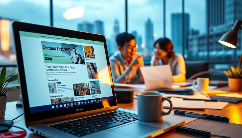 A content-first SEO strategy unfolds in a vibrant, dynamic scene. In the foreground, a laptop screen displays a well-structured, visually engaging web page, its content taking center stage. Surrounding it, an organized workspace with design tools, notes, and a mug of coffee, all bathed in warm, focused lighting. In the middle ground, a team collaborates, discussing ideas and strategies, their expressions animated. The background features a cityscape, Singapore's iconic architecture hinting at the global reach of this content-driven approach. The mood is one of purposeful creativity, as the team strives to craft an impactful online presence that serves the user's needs first and foremost.