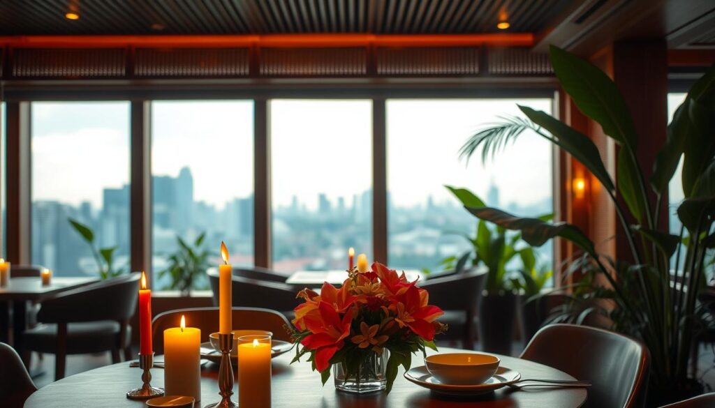 A cozy Asian fusion restaurant in Singapore, with warm lighting and wooden accents. The foreground features a romantic table setting, complete with flickering candles, a bouquet of exotic flowers, and delicate porcelain dishware. In the middle ground, a panoramic view of the Singapore skyline is visible through large windows, casting a soft glow across the intimate dining space. The background is filled with lush tropical plants and a subtle hint of incense, creating an atmosphere of tranquility and elegance. The overall mood is one of refined East-meets-West sophistication, perfect for an intimate dining experience.