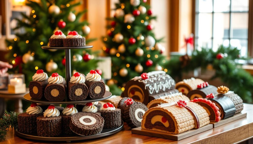 A cozy Christmas display showcasing a diverse collection of marriott log cakes. In the foreground, a tiered display features an assortment of decadent log cakes in classic flavors like chocolate, matcha, and red velvet, adorned with delicate swirls of frosting and festive toppings. The middle ground showcases log cakes in more unique flavors, such as caramel-filled and berry-infused varieties, arranged artfully on a wooden surface. In the background, a warm, inviting setting with soft lighting and a backdrop of lush greenery and holiday decorations creates a welcoming, festive atmosphere. The overall composition conveys a sense of indulgence, sophistication, and the spirit of the holiday season.