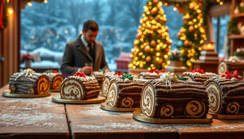A cozy Christmas log cake ordering scene. In the foreground, a wooden table displays an assortment of festive log cakes, their delicate textures and intricate decorations inviting closer inspection. In the middle ground, a well-dressed customer examines the cakes, their face illuminated by warm, soft lighting. The background features a serene winter landscape, with gently falling snow and a twinkling Christmas tree, creating a festive, inviting atmosphere. The overall composition evokes the anticipation and delight of selecting the perfect Christmas log cake. Crisp, high-resolution, photorealistic style.