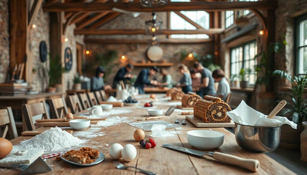 A cozy DIY log cake workshop set in a warm, inviting space. The foreground features a long wooden table filled with an array of baking tools, utensils, and ingredients - flour, eggs, cocoa powder, and fresh berries. In the middle ground, people are gathered around the table, intently focused on assembling their unique log cake creations. The background showcases a rustic, earthy ambiance with exposed beams, potted plants, and soft, natural lighting filtering through large windows. The overall mood is one of creativity, community, and the joy of learning a new skill. A sense of tranquility and mindfulness pervades the scene.