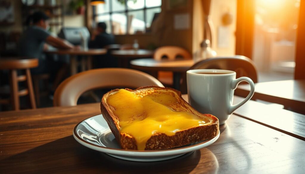 A cozy Geylang kopitiam, warm morning light filtering through the windows, capturing the timeless essence of Keng Wah Sung. On the wooden table, a hearty slice of artisanal kaya toast, glistening with homemade pandan-infused custard, accompanied by a steaming cup of robust kopi-o. The scene evokes a sense of nostalgia, a celebration of Singapore's rich coffee shop heritage, where generations have gathered to savor the simple pleasures of this iconic local delicacy.