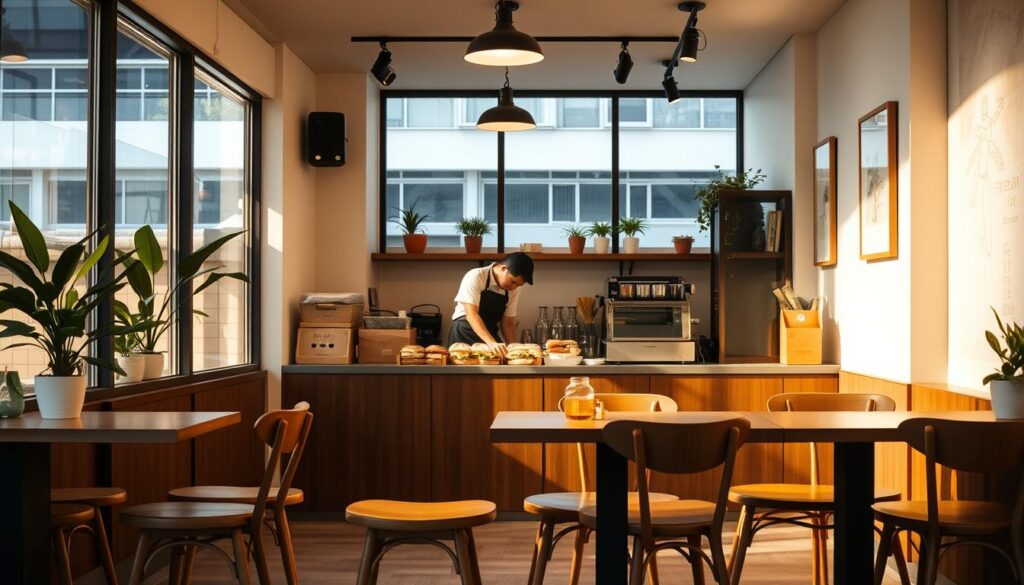 A cozy Japanese-inspired sandwich cafe nestled in the bustling Dhoby Ghaut neighborhood. The storefront features clean, minimalist lines and large windows that let in warm natural light. Inside, wooden tables and chairs create a relaxed, inviting atmosphere. The barista expertly prepares a variety of specialty sandwiches, each meticulously crafted with high-quality, fresh ingredients. In the background, potted plants and delicate artwork adorn the walls, complementing the cafe's serene, refined ambiance. A mid-morning scene, with soft, diffused sunlight filtering through the windows, capturing the cafe's tranquil yet lively character.