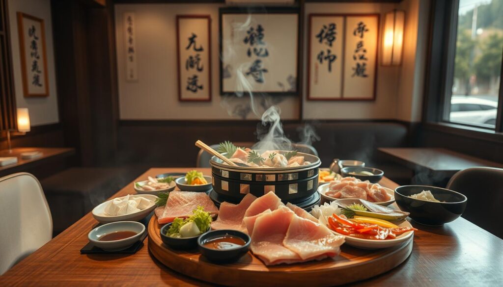 A cozy Japanese restaurant interior with a traditional Japanese hotpot, or shabu-shabu, set up on a wooden table. The table is adorned with an array of fresh, high-quality sashimi and accompaniments, including sliced beef, vegetables, and dipping sauces. Soft, natural lighting illuminates the scene, creating a warm and inviting atmosphere. The walls are decorated with Japanese artwork and calligraphy, transporting the viewer to an authentic Japanese dining experience. The camera angle captures the scene from a slightly elevated perspective, allowing the viewer to fully immerse themselves in the shabu-shabu experience. A cozy Japanese restaurant interior with a traditional Japanese hotpot, or shabu-shabu, set up on a wooden table. The table is adorned with an array of fresh, high-quality sashimi and accompaniments, including sliced beef, vegetables, and dipping sauces. Soft, natural lighting illuminates the scene, creating a warm and inviting atmosphere. The walls are decorated with Japanese artwork and calligraphy, transporting the viewer to an authentic Japanese dining experience. The camera angle captures the scene from a slightly elevated perspective, allowing the viewer to fully immerse themselves in the shabu-shabu experience.