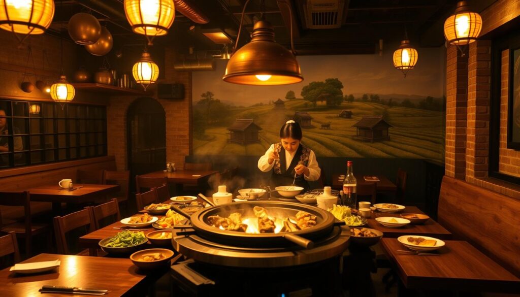 A cozy Korean BBQ restaurant with a warm, inviting atmosphere. The dimly lit dining area features wooden tables and benches, with copper pots and pans suspended from the ceiling. In the foreground, a sizzling grill is surrounded by an array of marinated meats, vegetables, and banchan. Soft lighting from hanging lamps casts a golden glow, creating a intimate, convivial mood. The middle ground showcases servers in traditional hanbok uniforms, tending to the grill and refilling soju glasses. In the background, a mural of a Korean countryside scene adorns the exposed brick walls, transporting diners to a serene, rustic setting. The overall scene evokes a sense of authentic, traditional Korean hospitality.