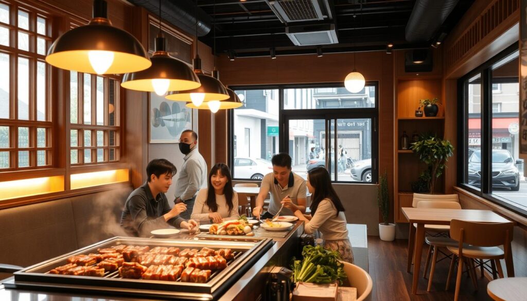 A cozy Korean BBQ restaurant with a warm, inviting atmosphere. The interior is filled with natural light, wood accents, and traditional Korean decor. In the foreground, a group of friends gathers around a sizzling grill, enjoying an array of marinated meats and fresh vegetables. The middle ground showcases the restaurant's simple yet elegant setting, with modern pendant lights hanging overhead and clean, minimalist tables and chairs. In the background, a large window offers a glimpse of the bustling street outside, creating a sense of connection to the local neighborhood. The overall mood is casual, friendly, and affordable, reflecting the restaurant's focus on providing a high-quality Korean BBQ experience at a reasonable price.