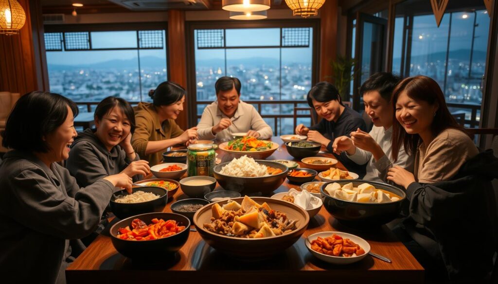 A cozy Korean family restaurant, with a warm, inviting atmosphere. In the foreground, a table laden with traditional dishes - steaming bowls of jjajangmyeon, soft and pillowy tofu, and crisp kimchi. Families gathered around, sharing laughter and stories over hearty, comforting meals. Soft, diffused lighting casts a golden glow, creating a intimate, homely ambiance. The middle ground features the restaurant's interior, with wooden accents and traditional decor, hinting at the rich cultural heritage. In the background, a panoramic view of the city skyline, suggesting a sense of community and belonging. Overall, the scene evokes the essence of Korean comfort food, perfect for bringing families together.