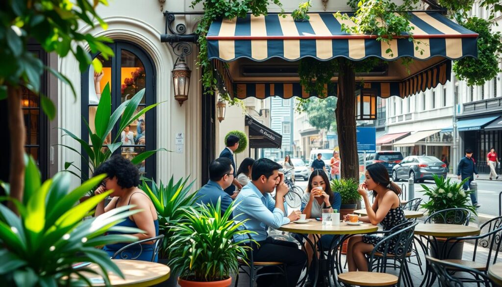 A cozy Parisian-inspired cafe nestled in the heart of Singapore, with a vibrant, sun-drenched terrace filled with lush greenery and wrought-iron bistro tables. In the foreground, a group of well-dressed diners savor their meals, sipping rich espresso and conversing animatedly. The middle ground showcases the charming facade, with its distinctive striped awnings and intricate architectural details. The background reveals the bustling streets of Singapore, a blend of modern skyscrapers and heritage shophouses. Soft, warm lighting filters through the scene, creating a inviting, bohemian ambiance. The overall composition captures the essence of a quintessential French cafe experience, transporting the viewer to a slice of European elegance in the heart of Southeast Asia.