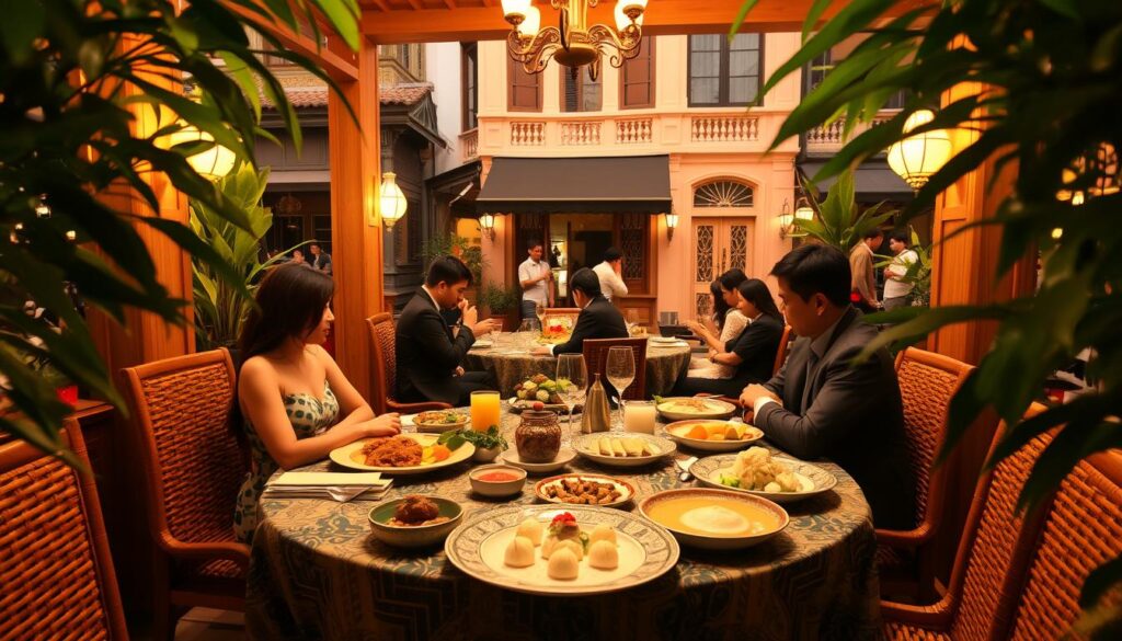 A cozy Peranakan dining setting, with rattan furniture and lush greenery framing the scene. Warm, ambient lighting casts a golden glow over the intricate batik and floral-patterned table linens. In the foreground, a sumptuous spread of Peranakan dishes - fragrant rendang, colorful laksa, and delicate kueh. The middle ground features smartly dressed diners enjoying the authentic flavors and cultural ambiance. In the background, a traditional Peranakan shophouse facade, its distinctive architecture and pastel hues evoking the rich heritage of the Katong neighborhood. The overall atmosphere is one of refined elegance and immersive cultural experience.