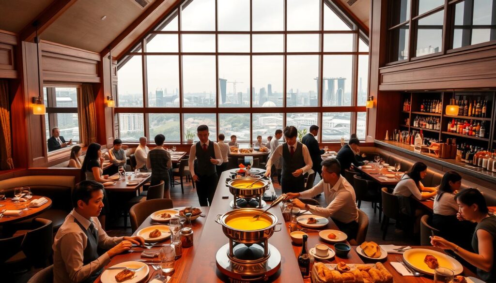 A cozy Swiss restaurant in the heart of Singapore, Coucou showcases the country's culinary heritage. High ceilings, warm wood accents, and large windows create a welcoming ambiance. In the foreground, a group of diners enjoy fondue and raclette, the classic Swiss dishes. Waiters in crisp uniforms move gracefully between tables, delivering plates of roesti, bratwurst, and freshly baked bread. The middle ground features a well-stocked bar, where bartenders mix cocktails infused with alpine botanicals. In the background, a panoramic view of the Singapore skyline, with iconic landmarks like the Marina Bay Sands visible through the windows. Soft, golden lighting casts a gentle glow over the entire scene, evoking the comforting atmosphere of a Swiss chalet.