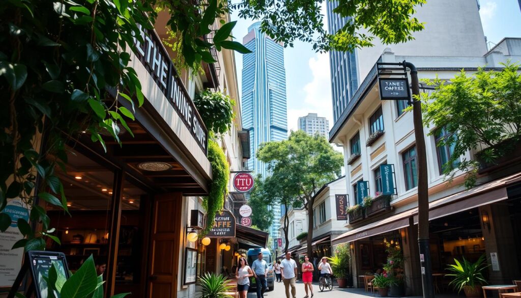 A cozy Tanjong Pagar streetscape, sun-dappled and bustling with cafe-goers. In the foreground, the inviting facade of a charming indie coffee shop, its warm lighting and rustic wooden accents beckoning passersby. Lush greenery frames the scene, with potted plants and hanging vines cascading from nearby balconies. The middle ground features other local cafes, their distinctive signage and al fresco seating areas creating an inviting, neighborhood vibe. In the background, the sleek, modern skyscrapers of the financial district rise up, contrasting with the quaint, heritage shophouses in the immediate vicinity. The overall mood is one of relaxed contentment, where the local community gathers to savor exceptional coffee and bites in a charming, urban setting. A cozy Tanjong Pagar streetscape, sun-dappled and bustling with cafe-goers. In the foreground, the inviting facade of a charming indie coffee shop, its warm lighting and rustic wooden accents beckoning passersby. Lush greenery frames the scene, with potted plants and hanging vines cascading from nearby balconies. The middle ground features other local cafes, their distinctive signage and al fresco seating areas creating an inviting, neighborhood vibe. In the background, the sleek, modern skyscrapers of the financial district rise up, contrasting with the quaint, heritage shophouses in the immediate vicinity. The overall mood is one of relaxed contentment, where the local community gathers to savor exceptional coffee and bites in a charming, urban setting.