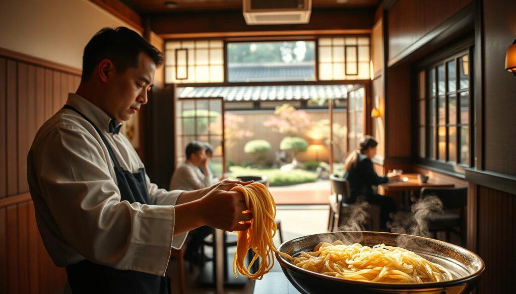 A cozy Tokyo soba restaurant bathed in warm, natural lighting. In the foreground, a chef skillfully hand-pulls fresh, glistening soba noodles, their texture and aroma beckoning. The mid-ground reveals a minimalist, wood-paneled dining area, where patrons sit at intimate tables, savoring the authentic flavors. In the background, a traditional Japanese garden offers a serene, contemplative atmosphere, complementing the restaurant's peaceful ambiance. The overall scene evokes a sense of traditional craftsmanship, culinary excellence, and the essence of Japanese hospitality. A cozy Tokyo soba restaurant bathed in warm, natural lighting. In the foreground, a chef skillfully hand-pulls fresh, glistening soba noodles, their texture and aroma beckoning. The mid-ground reveals a minimalist, wood-paneled dining area, where patrons sit at intimate tables, savoring the authentic flavors. In the background, a traditional Japanese garden offers a serene, contemplative atmosphere, complementing the restaurant's peaceful ambiance. The overall scene evokes a sense of traditional craftsmanship, culinary excellence, and the essence of Japanese hospitality.