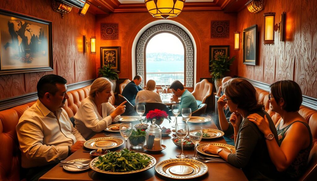 A cozy Turkish restaurant with warm, amber lighting and rich, textured walls. In the foreground, a table set with traditional dinnerware - ornate copper plates, intricate glassware, and fragrant herbs. Patrons seated around the table, engaged in lively conversation, savoring the aromas of sizzling kebabs and steaming pide. The middle ground reveals plush, cushioned banquettes and intricate wall carvings, hinting at the restaurant's authentic decor. In the background, a mosaic-tiled alcove frames a view of the bustling city outside, creating a serene contrast to the intimate dining experience.