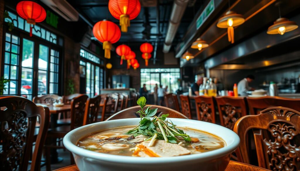 A cozy Vietnamese noodle soup restaurant nestled in a bustling Singapore street. Vibrant red lanterns hang from the ceiling, casting a warm glow over the intimate dining space. Wooden tables and chairs, adorned with intricate carvings, create a rustic and authentic ambiance. In the foreground, a steaming bowl of aromatic pho, its broth shimmering with flavors of star anise and cinnamon. Fresh herbs and sliced lime garnish the dish, inviting patrons to personalize their meal. The background features an open kitchen, where skilled chefs meticulously prepare an array of traditional Vietnamese specialties. The scene is illuminated by natural light filtering through large windows, capturing the lively energy of the restaurant.