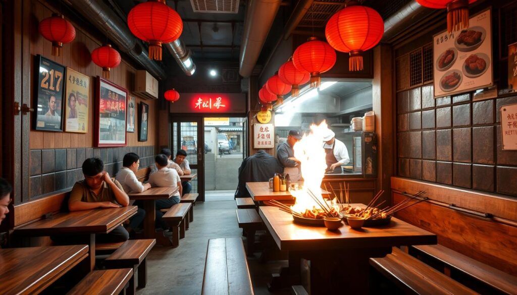 A cozy and bustling chuan chuan restaurant nestled in the vibrant heart of Chinatown. The modest exterior belies the warm and inviting atmosphere within, where the aroma of sizzling meats and fragrant spices fill the air. Wooden tables and benches, weathered by time, invite diners to gather and share a communal feast. Strings of red lanterns cast a soft glow, illuminating the lively chatter and the quick movements of the servers as they weave through the compact space. In the open kitchen, chefs skillfully handle long skewers, grilling an array of affordable yet delectable chuan chuan over open flames. The focus is on quality ingredients and time-honored recipes, creating a dining experience that is both satisfying and budget-friendly.