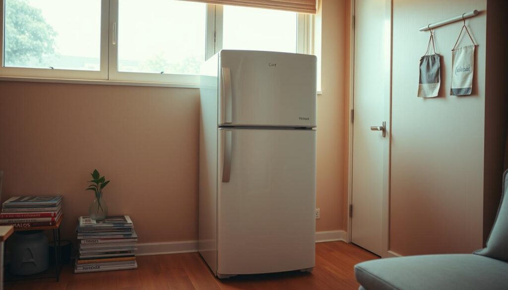 A cozy and compact Singaporean home, its modest yet efficient refrigerator prominently displayed in the foreground. Warm, natural lighting filters through the large windows, illuminating the clean, minimalist interior design. The fridge, positioned against a neutral-toned wall, stands as a testament to the space-saving solutions required in this densely populated city-state. Surrounding the appliance, subtle hints of daily life - a small potted plant, a stack of magazines, a simple wall hanging - add to the sense of a lived-in, homely atmosphere. The overall composition conveys a sense of balance and practicality, reflecting the unique challenges and considerations when choosing the right-sized refrigerator for a typical Singapore residence.