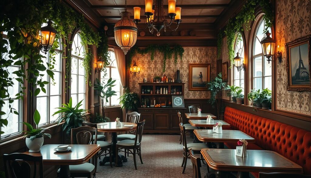 A cozy and intimate French-inspired cafe interior, with a warm and inviting atmosphere. Soft lighting from ornate chandeliers and wall sconces casts a gentle glow across the space. Elegant wooden furniture, plush upholstered banquettes, and intricate tiled floors create an Old World charm. Lush greenery in the form of potted plants and hanging vines adds a touch of nature, evoking the feel of a secret garden. Large windows allow natural light to filter in, while delicate lace curtains diffuse the illumination. Intricate wallpaper patterns and vintage artwork adorn the walls, completing the refined and sophisticated ambiance.