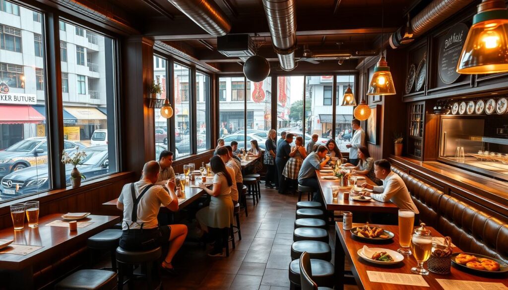 A cozy and inviting German brewery restaurant nestled in the heart of vibrant Singapore. The warm, rustic interior features dark wood furnishings, brass accents, and long communal tables, creating a convivial atmosphere. Patrons sip on frothy lagers and enjoy hearty Bavarian fare like bratwurst, sauerkraut, and pretzels, all served by attentive waitstaff in traditional lederhosen. Through the large windows, glimpse the bustling city streets outside, contrasting with the traditional German ambiance within. Soft, golden lighting casts a welcoming glow, while the open kitchen adds the enticing aromas of sizzling meats and baking bread. This is a transportive experience, blending the comfort of a Bavarian beer hall with the dynamic energy of cosmopolitan Singapore.