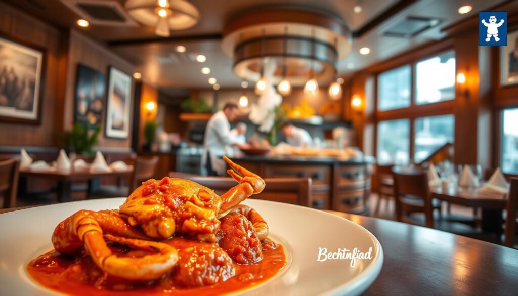 A cozy and inviting Michelin-recommended seafood restaurant, with a warm, softly lit interior and a vibrant, bustling atmosphere. In the foreground, a beautifully plated chili crab dish takes center stage, its rich, vibrant sauce glistening under the gentle lighting. The middle ground features an open kitchen, where skilled chefs expertly prepare an array of fresh, locally sourced seafood. The background showcases the restaurant's elegant decor, with wooden accents, tasteful artwork, and large windows that allow natural light to filter in, creating a welcoming ambiance. The overall scene evokes a sense of culinary excellence and a commitment to quality that epitomizes the Michelin standard.