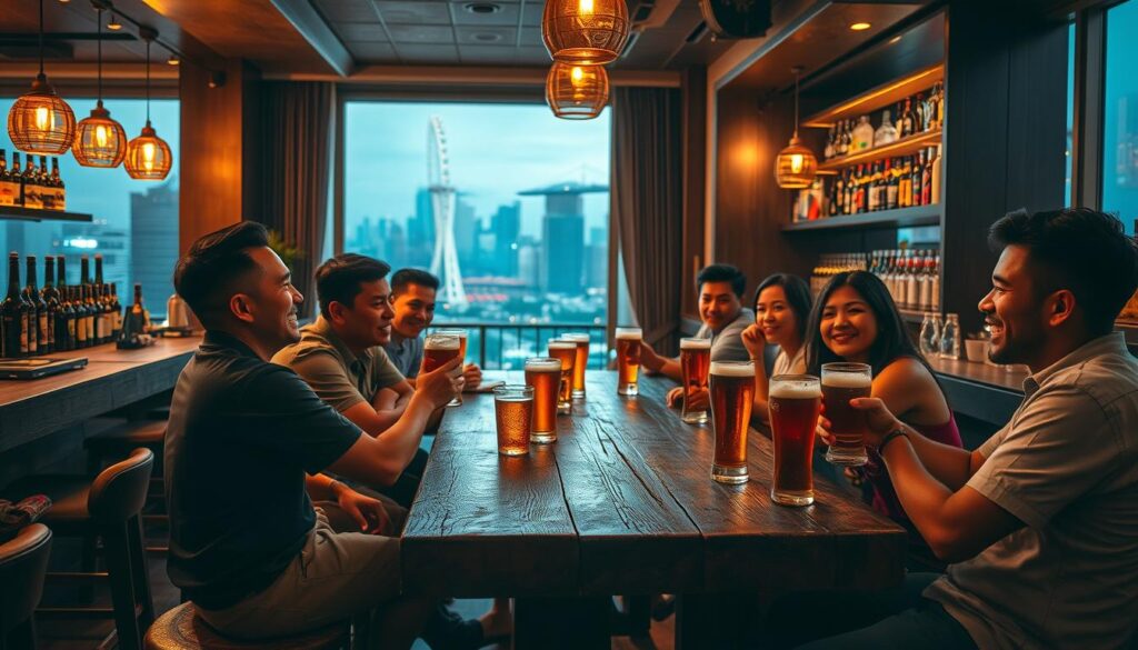 A cozy and inviting Singapore beer ambiance, captured in a warm and atmospheric scene. In the foreground, a group of friends gathered around a rustic wooden table, enjoying craft beers in tall glasses, their laughter and conversation creating a lively energy. The middle ground features a well-stocked bar, with bottles and taps illuminated by soft, amber lighting, casting a gentle glow over the space. In the background, floor-to-ceiling windows offer a glimpse of the vibrant city skyline, the iconic Singapore flyer visible in the distance. The overall mood is one of relaxation and conviviality, inviting the viewer to imagine themselves immersed in the vibrant beer culture of Singapore.