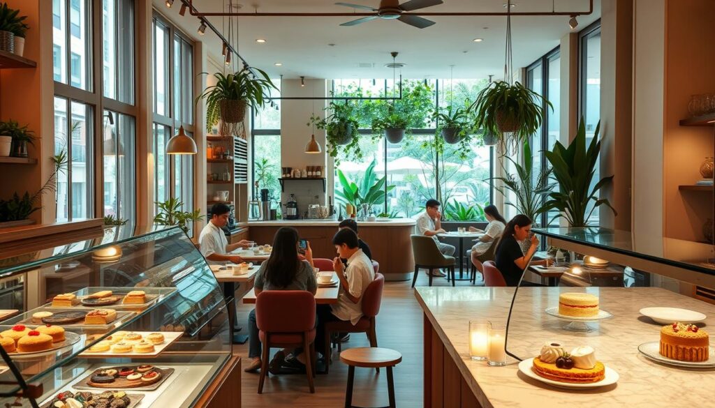 A cozy and inviting Singapore dessert cafe, with warm lighting spilling out through large windows. In the foreground, a display case showcases an array of mouthwatering pastries and cakes. Patrons sit at marble-topped tables, sipping on specialty coffees and teas, immersed in conversation. The middle ground features an open kitchen, where chefs meticulously craft each dish. Hanging plants and soft, earthy tones create a serene, modern ambiance. Extending to the background, the cafe's open layout leads to a lush outdoor seating area, where customers can enjoy their treats while taking in the vibrant sights and sounds of the city.