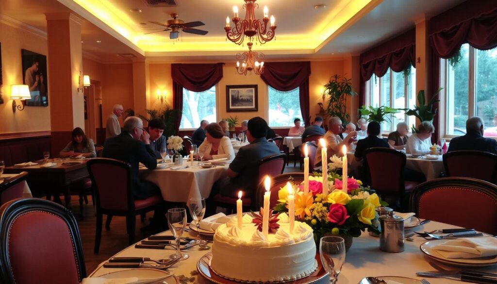 A cozy and inviting birthday restaurant atmosphere, with warm lighting casting a soft glow over the dining area. In the foreground, a beautifully set table with elegant tableware, a centerpiece of fresh flowers, and a birthday cake with lit candles. The middle ground features well-spaced dining tables, with patrons enjoying their meals and engaging in lively conversation. The background showcases a vibrant ambiance, with tasteful wall decor, potted plants, and large windows that allow natural light to filter in, creating a pleasant and celebratory ambiance.