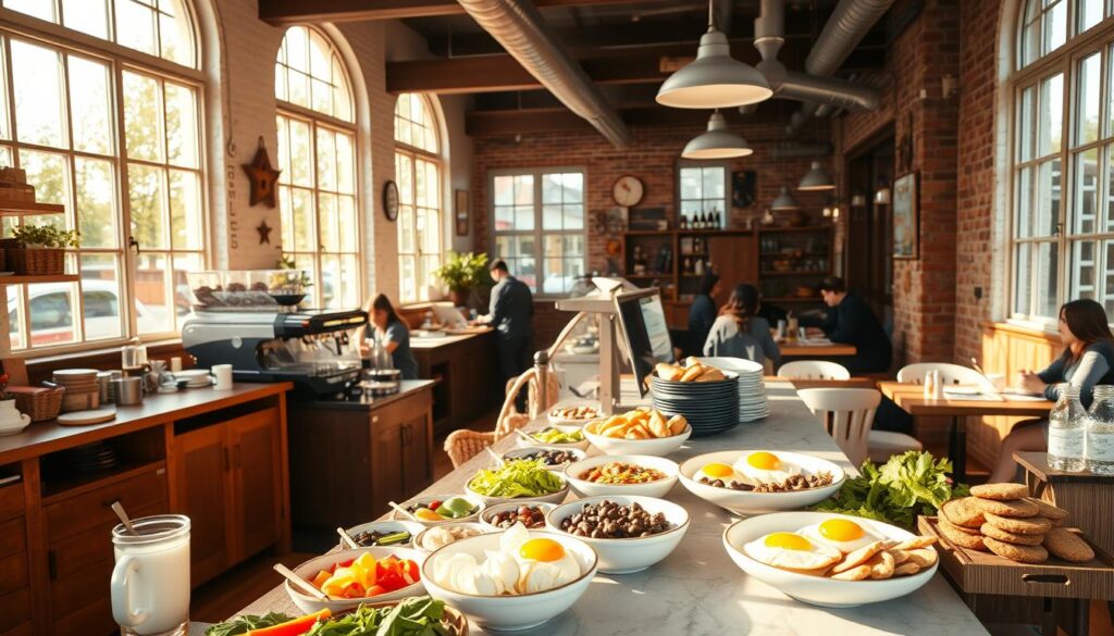 A cozy and inviting cafe interior, with a prominent counter showcasing an array of freshly prepared breakfast items. The scene is bathed in warm, natural lighting, with large windows allowing ample sunlight to filter in. The walls are adorned with a charming, rustic aesthetic, complemented by wooden accents and exposed brick. In the foreground, a display of various ingredients and toppings invites customers to build their own personalized breakfast platters. The middle ground features a barista preparing beverages, while the background showcases the cafe's casual, yet refined ambiance, with patrons seated at small tables enjoying their morning meals.