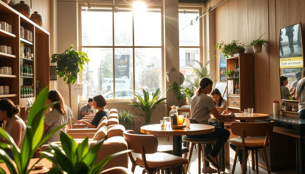 A cozy and inviting hair salon nestled within the vibrant Orchard Road district, featuring a warm and rustic cafe ambiance. Sunlight streams through large windows, casting a soft glow over the space. Wooden furnishings, plush seating, and potted plants create a welcoming atmosphere. In the foreground, stylists attend to their clients, their hands expertly working to transform hairstyles. The middle ground showcases the cafe area, where patrons sip aromatic beverages and enjoy light bites. The background reveals the bustling street outside, a contrast to the tranquil haven within. The overall scene exudes a sense of relaxation and indulgence, beckoning visitors to step inside and experience the perfect blend of beauty and hospitality.