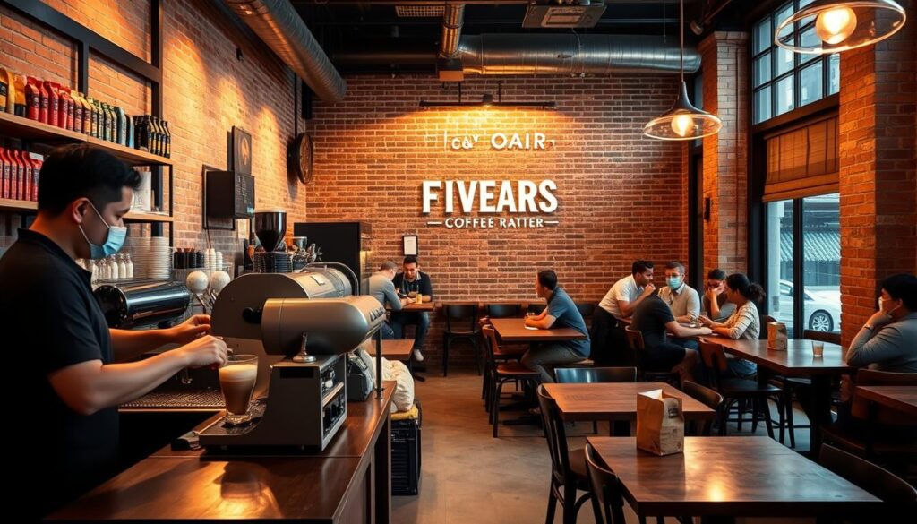 A cozy and inviting interior of Five Oars Coffee Roasters in Tanjong Pagar, Singapore. Warm lighting illuminates the rustic wooden furniture, exposed brick walls, and industrial-chic decor. In the foreground, a barista carefully prepares a latte, showcasing the artisanal coffee-making process. The middle ground features an array of coffee equipment and bags of freshly roasted beans, highlighting the cafe's commitment to quality. In the background, patrons enjoy their beverages at communal tables, creating a vibrant, Melbourne-inspired atmosphere. The overall scene exudes a sense of sophistication and attention to detail, reflecting the cafe's dedication to providing an exceptional coffee experience.