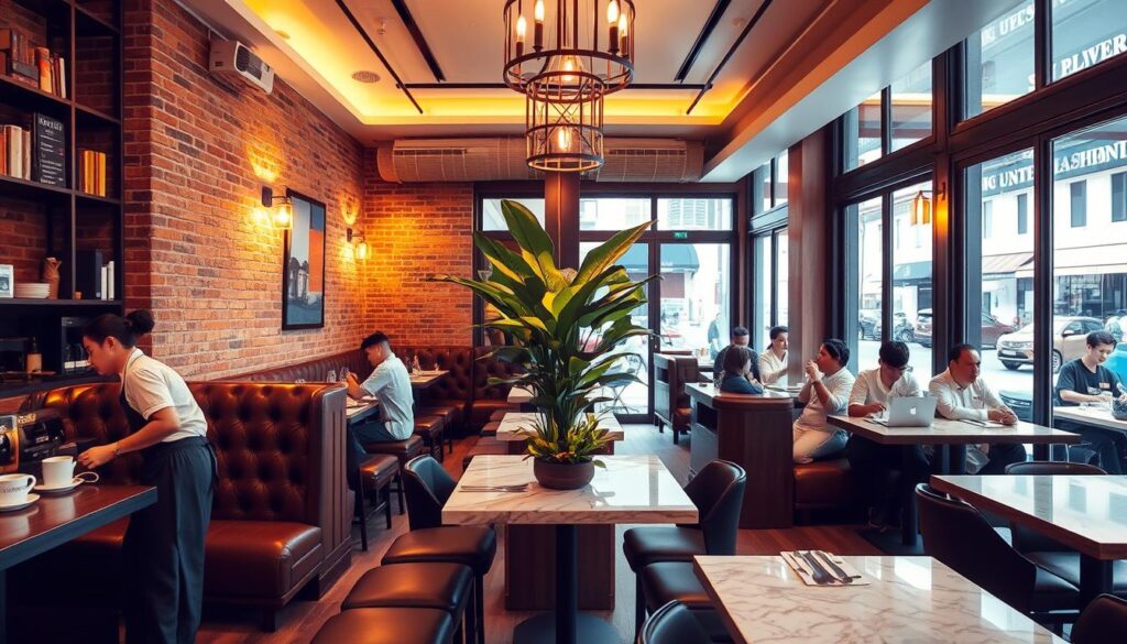 A cozy and inviting interior of The Bravery, a Muslim-owned all-day cafe in the heart of Telok Ayer. Warm lighting illuminates the space, casting a soft glow on the wooden furnishings and exposed brick walls. A mix of modern and traditional design elements create a harmonious atmosphere, with plush leather banquettes, sleek marble tabletops, and ornate light fixtures. In the foreground, a barista skillfully prepares a cup of aromatic coffee, while patrons enjoy their meals at the neatly set tables. The middle ground features a vibrant, leafy plant display, adding a touch of greenery to the space. The background showcases the cafe's large windows, offering a glimpse of the bustling Telok Ayer streets outside, blending the indoor and outdoor environments.