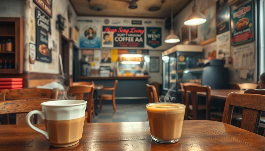 A cozy and nostalgic interior of the iconic Heap Seng Leong kopitiam, with a warm, inviting atmosphere. In the foreground, a wooden table holds a steaming cup of traditional Singaporean butter coffee, surrounded by worn wooden chairs and rustic decor. The middle ground features the classic coffee shop counter, with glass display cases showcasing an array of local pastries and snacks. In the background, the weathered walls are adorned with vintage posters and memorabilia, evoking a sense of timelessness. Soft, diffused lighting casts a golden glow, creating a tranquil and comforting ambiance that transports the viewer to a bygone era of Singaporean coffee shop culture.