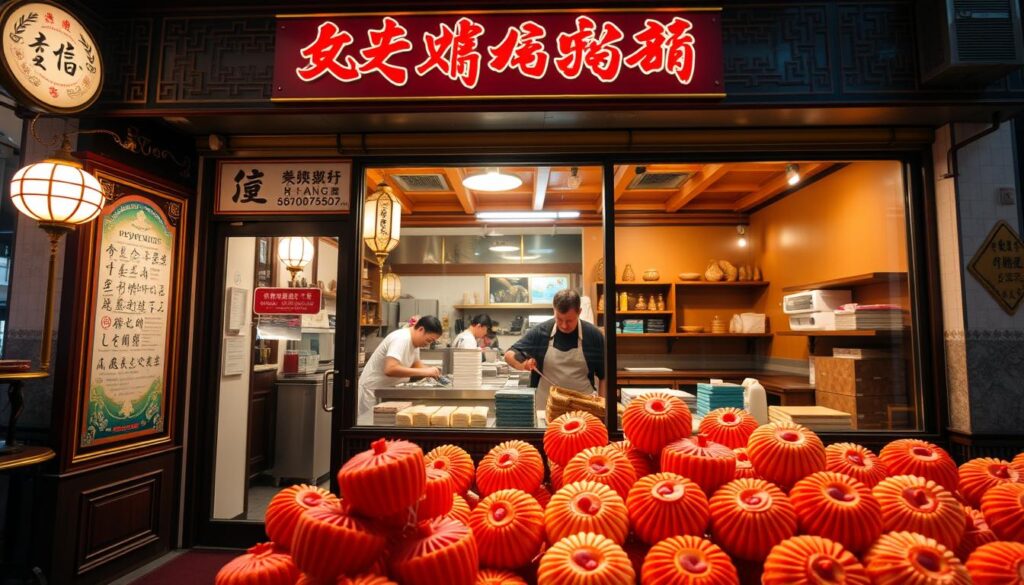 A cozy and vibrant Xiang Confectionery Shop, its storefront adorned with intricate signage and traditional Singaporean architectural details. In the foreground, an enticing display of freshly made Ang Ku Kueh, their vibrant colors and delicate textures beckoning passersby. Through the large windows, glimpse the skilled confectioners hard at work, their movements graceful as they craft these beloved local delicacies. The interior is warm and inviting, with wooden fixtures and a welcoming atmosphere that transports the viewer to the heart of Singapore's rich culinary heritage. Bathed in soft, natural lighting, this image captures the essence of a true Ang Ku Kueh masterpiece, a must-visit destination for any discerning foodie.