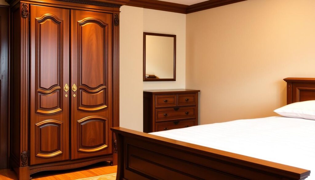 A cozy and well-organized bedroom with warm, diffused lighting illuminating a collection of elegant wooden furniture. In the foreground, a spacious wardrobe with intricate carved details and polished brass hardware stands tall, its ample storage space promising to keep clothing and linens neatly tucked away. In the middle ground, a low-profile dresser with drawers of varying sizes provides additional storage solutions, its smooth surface reflecting the soft glow of the ambient light. Anchoring the scene, a sturdy, minimalist bed frame in a dark, rich wood tone serves as the focal point, its clean lines and substantial presence evoking a sense of tranquility and comfort. The overall atmosphere is one of refined sophistication and practical functionality, creating the perfect environment for a restful and rejuvenating night's sleep.