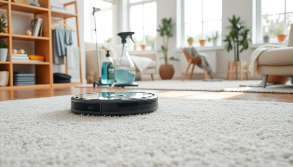 A cozy and well-organized home interior, featuring a range of modern cleaning solutions. In the foreground, a sleek robotic vacuum cleaner glides across a plush, freshly cleaned carpet. In the middle ground, a set of high-quality cleaning supplies, including a spray bottle, microfiber cloths, and a squeegee, are neatly arranged on a wooden shelving unit. The background showcases a bright, airy room with large windows, allowing natural light to fill the space and highlighting the gleaming, spotless surfaces. The overall atmosphere exudes a sense of comfort, efficiency, and a dedication to maintaining a clean and healthy living environment.