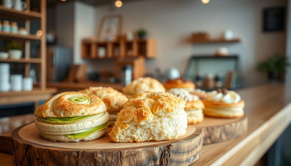 A cozy bakery counter displaying an array of artisanal scones in Singapore, showcasing unique flavors and textures. In the foreground, a rustic wooden board presents an assortment of scones, including flaky matcha-swirled, golden-crusted pandan-coconut, and fluffy Earl Grey-infused varieties. Soft, natural lighting illuminates the delicate pastries, highlighting their intricate details. In the middle ground, a glimpse of the bakery's interior reveals a warm, inviting atmosphere with minimalist decor and a touch of Singaporean charm. The background blurs softly, emphasizing the focus on the captivating scone display.