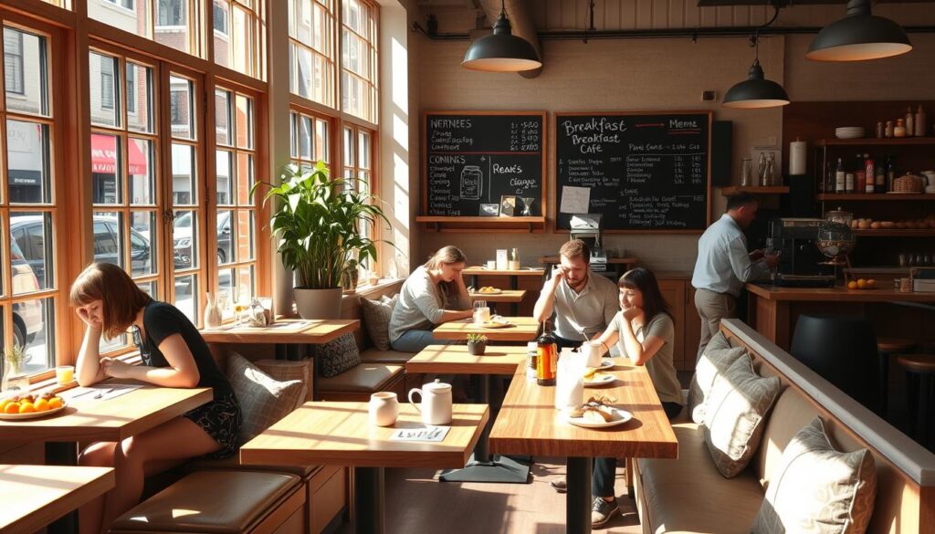A cozy breakfast cafe nestled in a vibrant city district, sunlight spilling through large windows onto a mix of wooden tables and plush seating. Patrons peruse a chalkboard menu, selecting from a variety of dietary-friendly options - fresh fruit, whole grain breads, organic eggs. The aroma of freshly brewed coffee mingles with the scent of baking pastries. Warm tones, natural textures, and a relaxed ambiance invite customers to linger, plan their day over a nourishing meal. A welcoming, community-oriented space that caters to diverse tastes and needs.