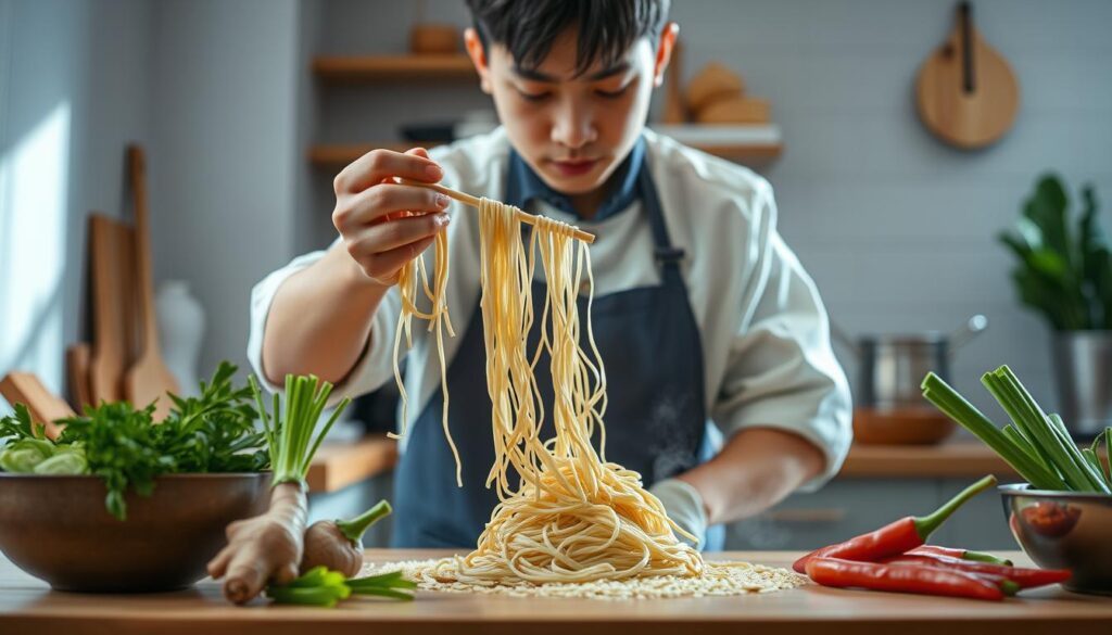 A cozy, brightly lit kitchen setting with a young Gen Z chef meticulously hand-crafting delicate, homemade noodles. The noodles are being carefully shaped and stretched, showcasing the chef's skill and innovative techniques. Vibrant, fresh ingredients like ginger, scallions, and chili peppers are artfully arranged around the noodle-making process, hinting at the flavors to come. Soft, diffused lighting illuminates the scene, creating a warm, inviting atmosphere. The overall composition conveys a sense of youthful creativity and a modern twist on traditional culinary practices.