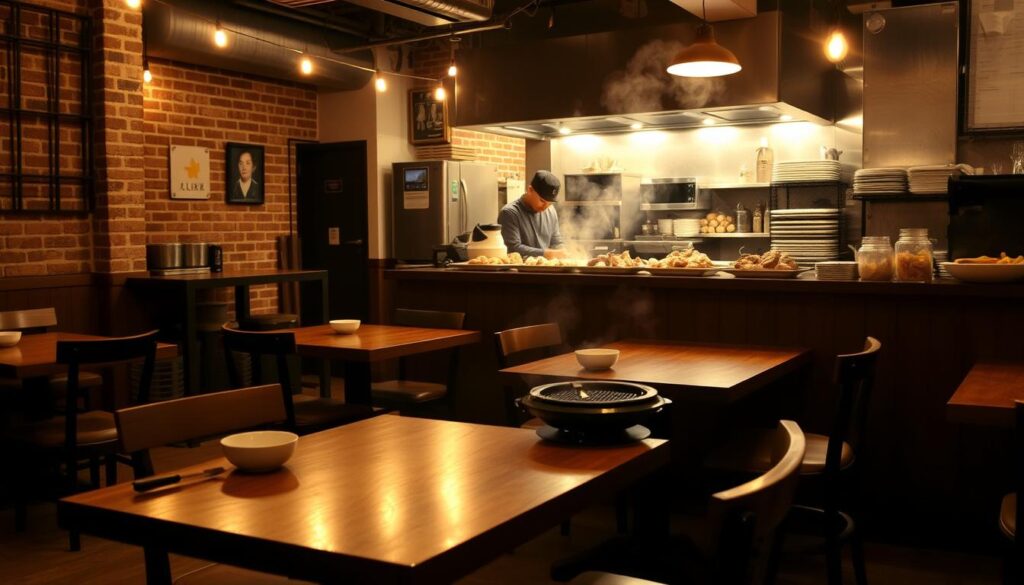 A cozy, budget-friendly Korean BBQ restaurant with a warm, inviting atmosphere. The foreground features an intimate dining area with simple wooden tables and chairs, a small grill on each table ready for DIY grilling. The middle ground showcases the open kitchen, where chefs skillfully prepare an array of marinated meats and banchan side dishes. In the background, exposed brick walls and string lights create a casual, relaxed vibe. Soft lighting illuminates the space, casting a golden glow and highlighting the steam rising from the sizzling meats. The overall scene conveys an affordable, neighborhood eatery where diners can enjoy an authentic Korean BBQ experience without breaking the bank.