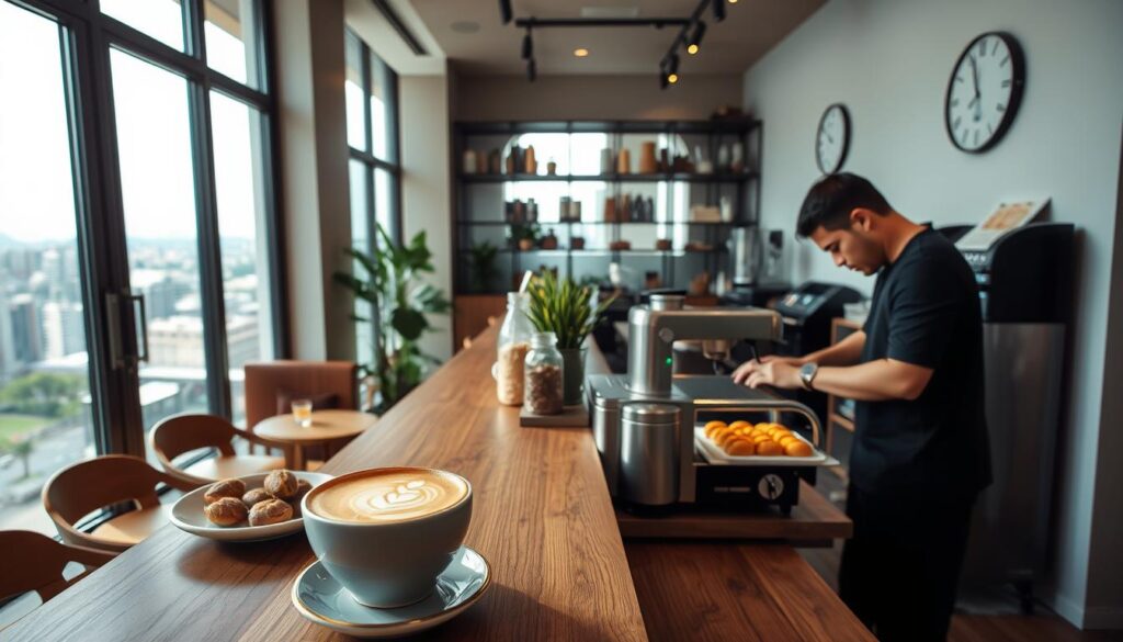 A cozy cafe in Singapore, sunlight streaming through large windows, illuminating an array of specialty coffee drinks. In the foreground, a barista expertly crafts a latte with intricate latte art, while on the wooden counter, an assortment of handcrafted coffee beans and pastries beckon. The middle ground features the cafe's minimalist, Scandinavian-inspired decor, with clean lines and natural materials creating a serene ambiance. In the background, the bustling city skyline is visible, a gentle reminder of the urban setting. The overall mood is one of tranquility and refined sophistication, inviting the coffee connoisseur to savor the unique flavors and artistry of Singapore's specialty coffee gems. A cozy cafe in Singapore, sunlight streaming through large windows, illuminating an array of specialty coffee drinks. In the foreground, a barista expertly crafts a latte with intricate latte art, while on the wooden counter, an assortment of handcrafted coffee beans and pastries beckon. The middle ground features the cafe's minimalist, Scandinavian-inspired decor, with clean lines and natural materials creating a serene ambiance. In the background, the bustling city skyline is visible, a gentle reminder of the urban setting. The overall mood is one of tranquility and refined sophistication, inviting the coffee connoisseur to savor the unique flavors and artistry of Singapore's specialty coffee gems.