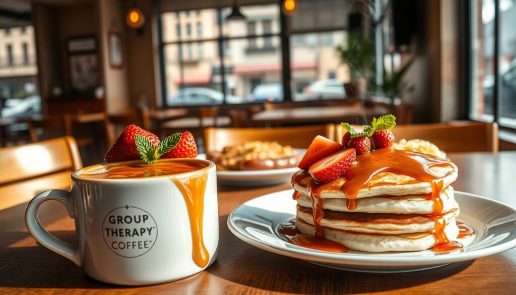 A cozy cafe interior bathed in warm, natural light. In the foreground, a stack of fluffy pancakes drizzled with a rich, gooey caramel sauce, topped with fresh strawberries and mint leaves. Beside the pancakes, a mug of fragrant, aromatic coffee from Group Therapy Coffee, its steam curling gently. In the middle ground, a plate of sizzling, golden-brown bratwurst sausages, accompanied by a side of sauerkraut and mashed potatoes. The cafe's minimalist decor, with wooden tables and chairs, creates a relaxed, inviting ambiance, while large windows offer a view of a bustling street outside.