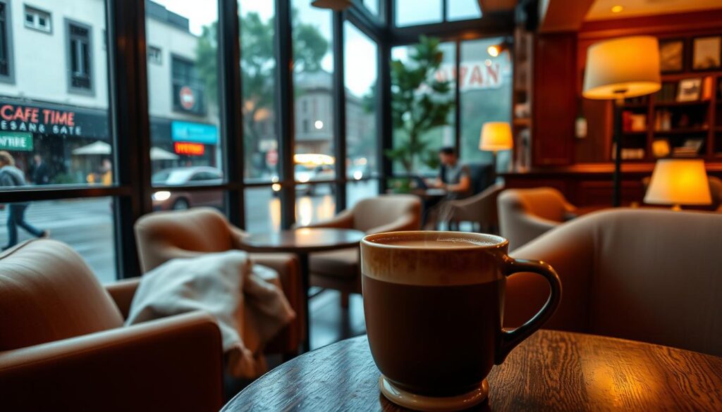A cozy café interior on a rainy day in Singapore, with a warm and inviting atmosphere. In the foreground, a steaming mug of rich, creamy hot chocolate sits on a wooden table, surrounded by plush armchairs and a soft throw blanket. The middle ground features large windows, allowing a view of the rain-soaked streets outside, creating a sense of contrast between the tranquil indoor space and the gloomy weather. The background showcases earthy tones, wooden beams, and the soft glow of lamps, conveying a comfortable and relaxing ambiance. The lighting is soft and diffused, creating a moody, intimate setting perfect for enjoying a delightful rainy day treat.