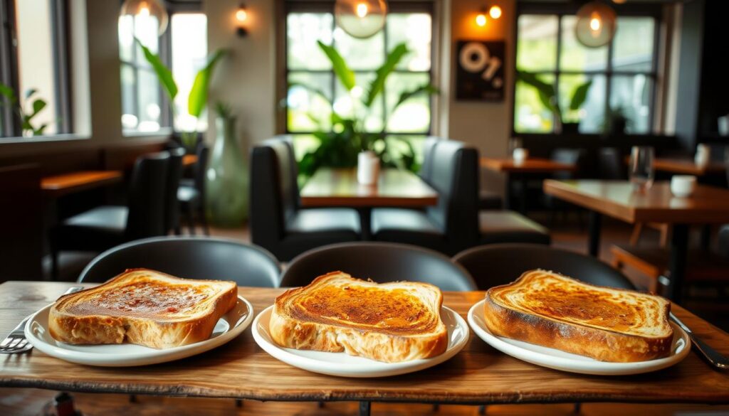 A cozy cafe interior, three plates of Kaya toast displayed side-by-side, each from a different renowned Singapore establishment. Soft, warm lighting illuminates the golden-brown toasted bread, complemented by the glistening homemade kaya spread and a pat of creamy butter. The plates are arranged on a rustic, wooden table, with a backdrop of sleek, modern furnishings and lush greenery peeking through large windows. The scene evokes a sense of refined simplicity, inviting the viewer to imagine the distinct flavors and textures of these iconic Singaporean breakfast staples.