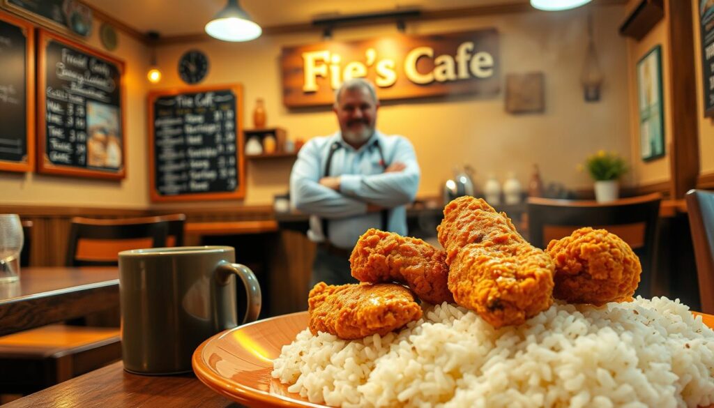 A cozy cafe interior with warm, golden lighting, wooden tables and chairs, and a chalkboard menu on the wall. In the foreground, a steaming plate of fried chicken, crispy golden skin and juicy meat, served with a mound of fragrant, fluffy white rice. Beside it, a mug of hot tea or coffee. In the middle ground, the friendly and slightly gruff-looking owner, "Mister Grumpy", standing behind the counter, his arms crossed but a faint smile on his face. In the background, the cafe's name "Fiie's Cafe" is prominently displayed on a rustic wooden sign. The overall atmosphere is inviting, homely, and focused on the delicious, high-quality halal fried chicken and rice.