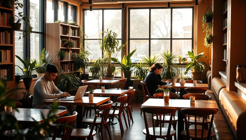 A cozy cafe interior with warm, natural lighting filtering through large windows. Wooden tables and chairs arranged in a relaxed, inviting layout, with plants and bookshelves creating a studious yet comfortable ambiance. A few students are focused on their laptops, sipping on artisanal coffee drinks. The overall atmosphere exudes a perfect balance of productivity and tranquility, making it an ideal spot for studying in Singapore.