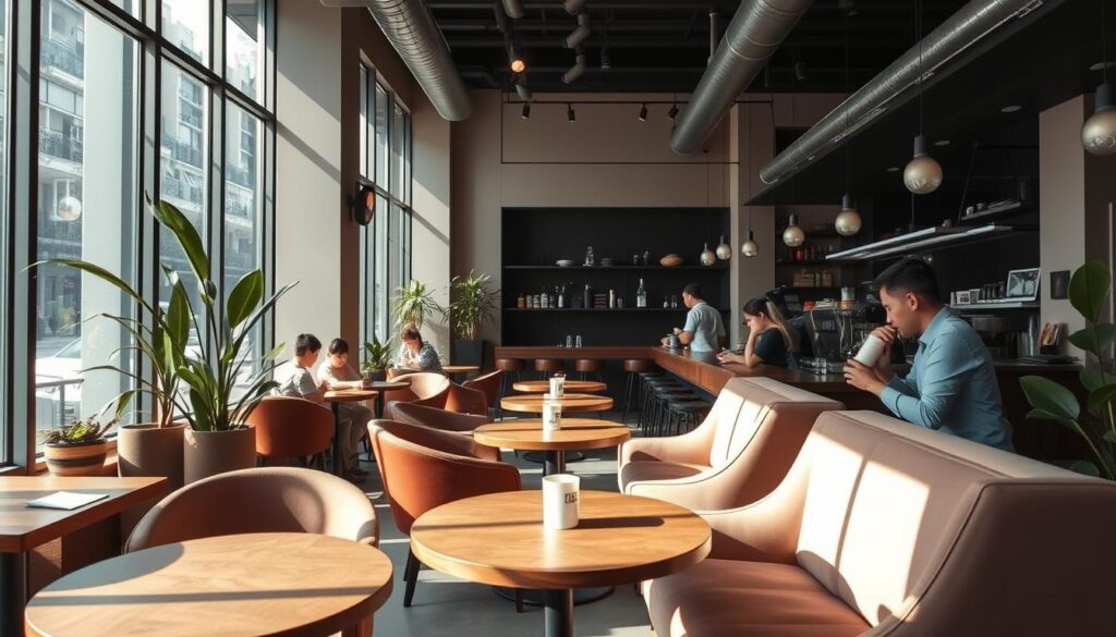 A cozy cafe nestled in the heart of Singapore, sunlight filtering through large windows, casting a warm glow on the sleek, minimalist interior. Wooden tables and plush armchairs invite patrons to linger, sipping expertly crafted espresso beverages and savoring the rich aroma of freshly ground beans. In the background, soft indie music plays, creating a relaxed, inviting atmosphere. The baristas, skilled and attentive, move with precision, crafting each drink with care. Potted plants and natural elements add to the calming, organic vibe, while the high ceilings and open layout give a sense of spaciousness. This is a haven for coffee connoisseurs and those seeking a moment of tranquility amidst the bustling city. A cozy cafe nestled in the heart of Singapore, sunlight filtering through large windows, casting a warm glow on the sleek, minimalist interior. Wooden tables and plush armchairs invite patrons to linger, sipping expertly crafted espresso beverages and savoring the rich aroma of freshly ground beans. In the background, soft indie music plays, creating a relaxed, inviting atmosphere. The baristas, skilled and attentive, move with precision, crafting each drink with care. Potted plants and natural elements add to the calming, organic vibe, while the high ceilings and open layout give a sense of spaciousness. This is a haven for coffee connoisseurs and those seeking a moment of tranquility amidst the bustling city.