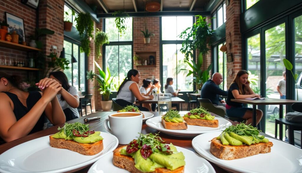 A cozy cafe nestled in the lush greenery of Tiong Bahru and Dempsey, sunlight streaming through large windows, illuminating a rustic interior of exposed brick walls, wooden accents, and potted plants. Customers enjoying meticulously crafted avocado toast, garnished with vibrant microgreens, served on sleek white plates. The aroma of freshly brewed coffee and the chatter of conversation create a welcoming atmosphere. A perfect balance of urban sophistication and natural charm, capturing the essence of the best avocado toast in these sought-after neighborhoods.