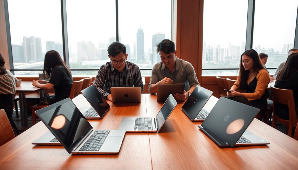 A cozy café setting in Singapore, with a wooden table showcasing several sleek laptop models side-by-side. Warm, diffused lighting creates a welcoming ambiance, and the background features a panoramic view of the city skyline through large windows. Customers in the foreground are intently comparing specifications and features, engrossed in their laptop shopping experience. The scene conveys a sense of informed decision-making, with the laptops presented in an organized, easy-to-compare layout.